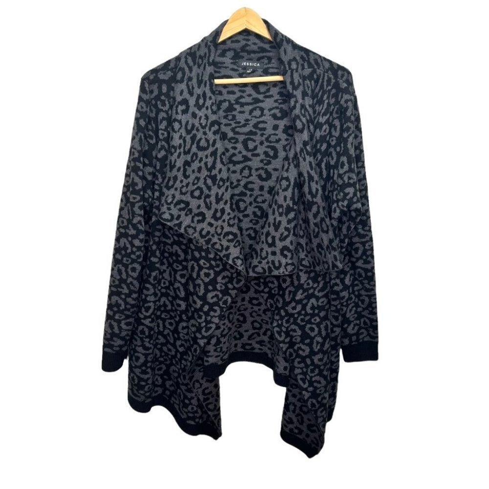 Jessica Draped Open Front Animal Print Sweater Cardigan Size Large